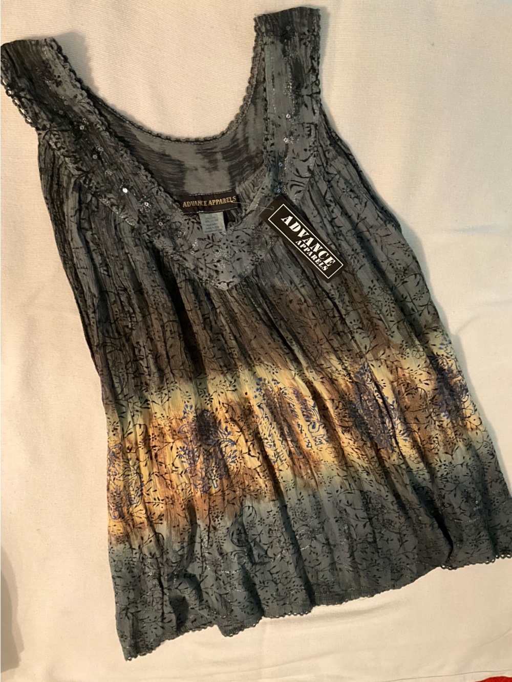 NWT Cynthia Rowley Gauze Gray Tank Top with Yellow and Brown Tie-Dye Band